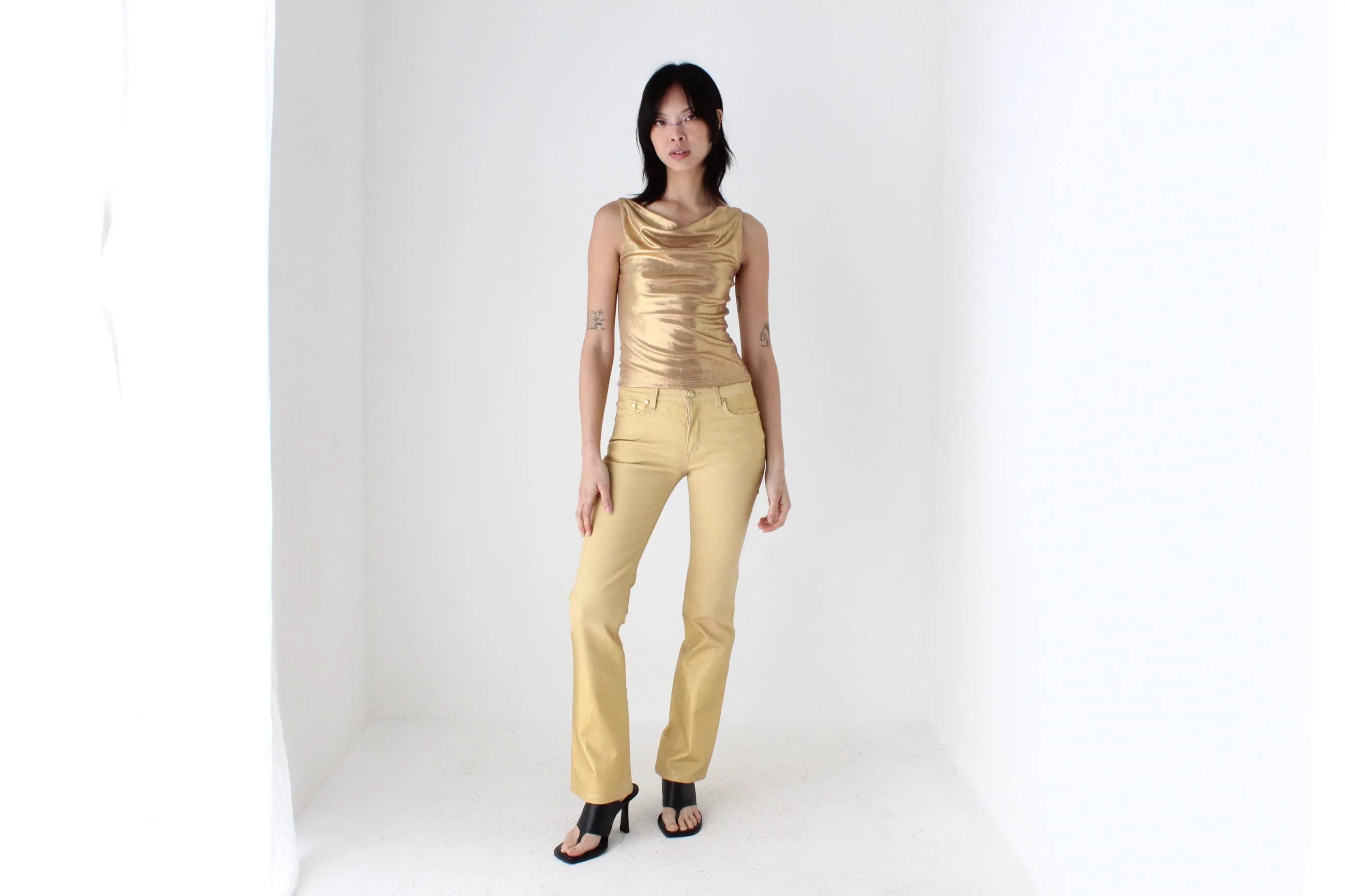 Y2K Roberto Cavalli Sprayed Metallic Leather-Look Gold Jeans