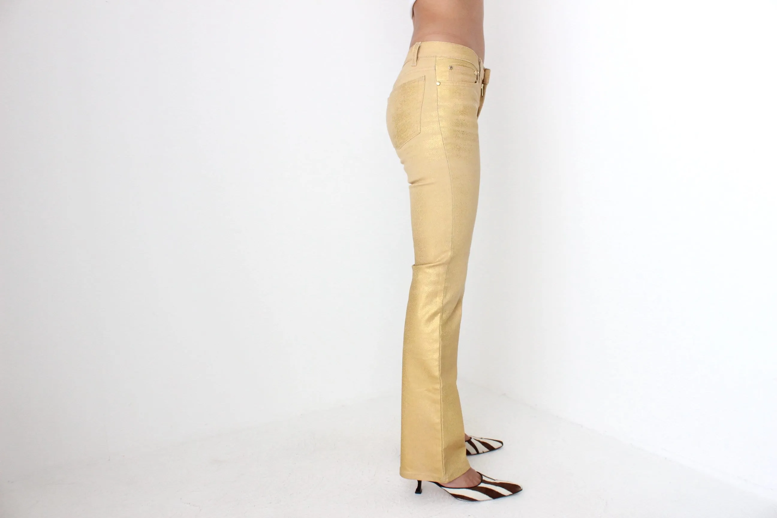 Y2K Roberto Cavalli Sprayed Metallic Leather-Look Gold Jeans