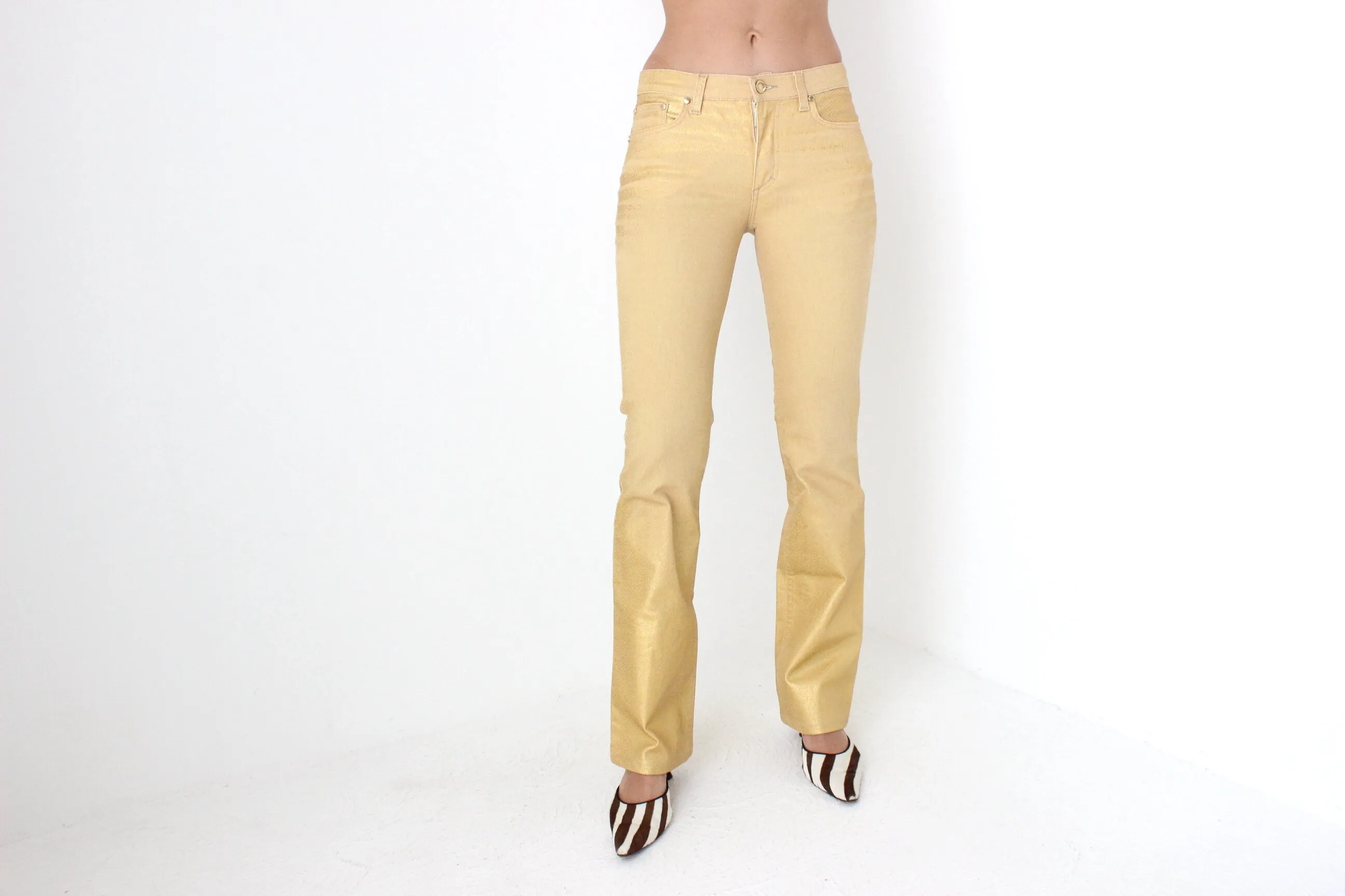Y2K Roberto Cavalli Sprayed Metallic Leather-Look Gold Jeans