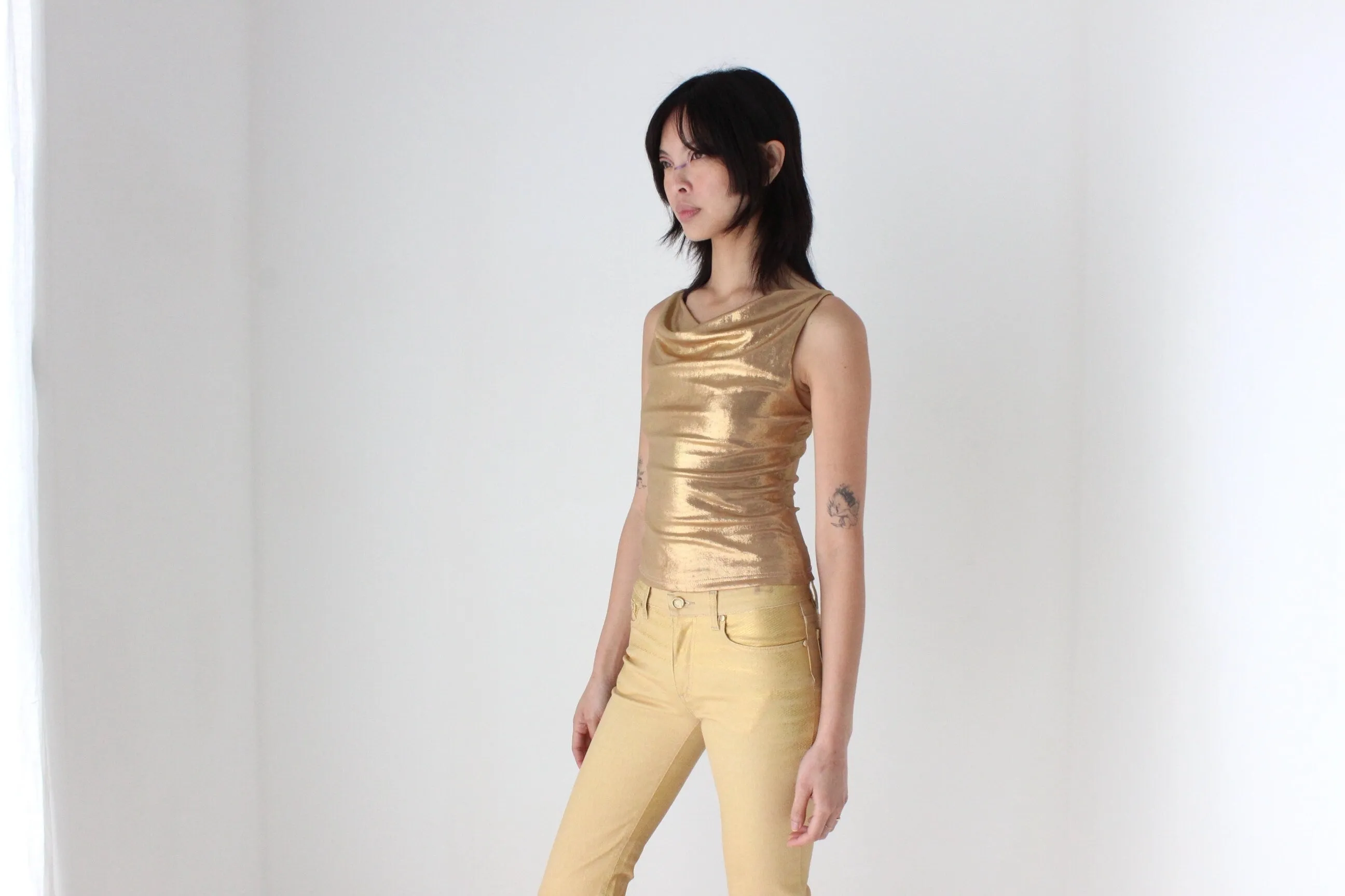 Y2K Roberto Cavalli Sprayed Metallic Leather-Look Gold Jeans