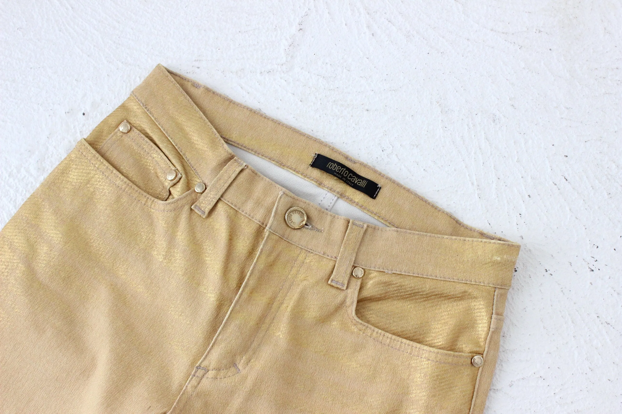 Y2K Roberto Cavalli Sprayed Metallic Leather-Look Gold Jeans