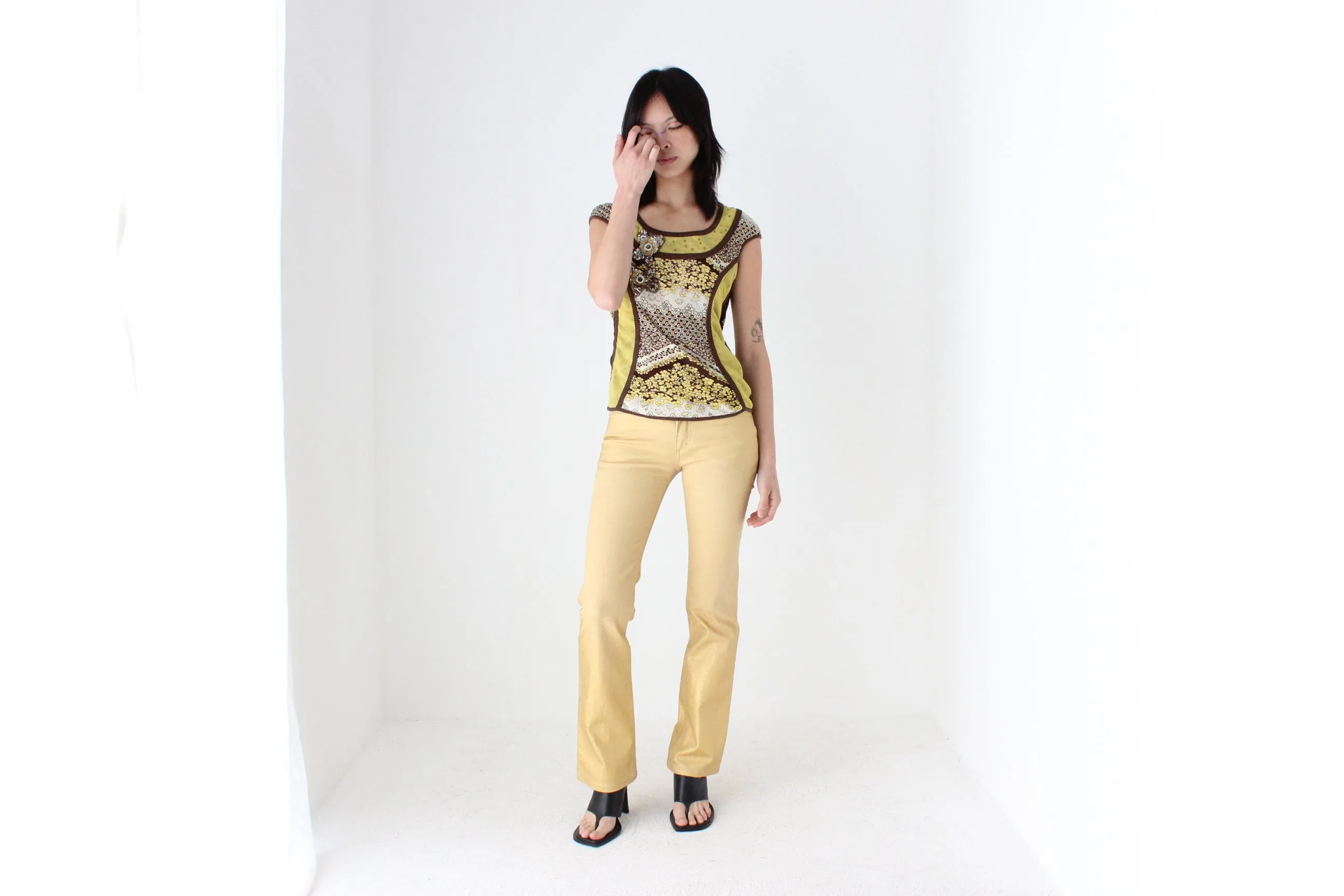 Y2K Roberto Cavalli Sprayed Metallic Leather-Look Gold Jeans
