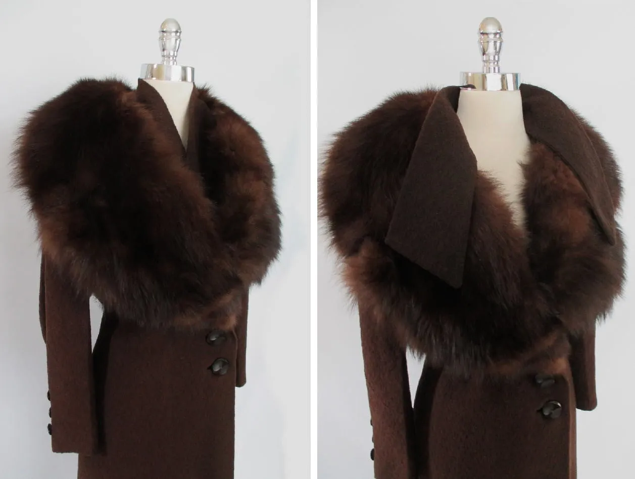 z Vintage 30's Deco Huge Fox Fur Trimmed Textured Wool Coat Jacket L