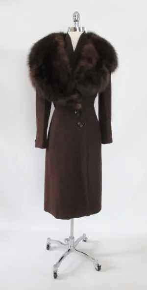 z Vintage 30's Deco Huge Fox Fur Trimmed Textured Wool Coat Jacket L