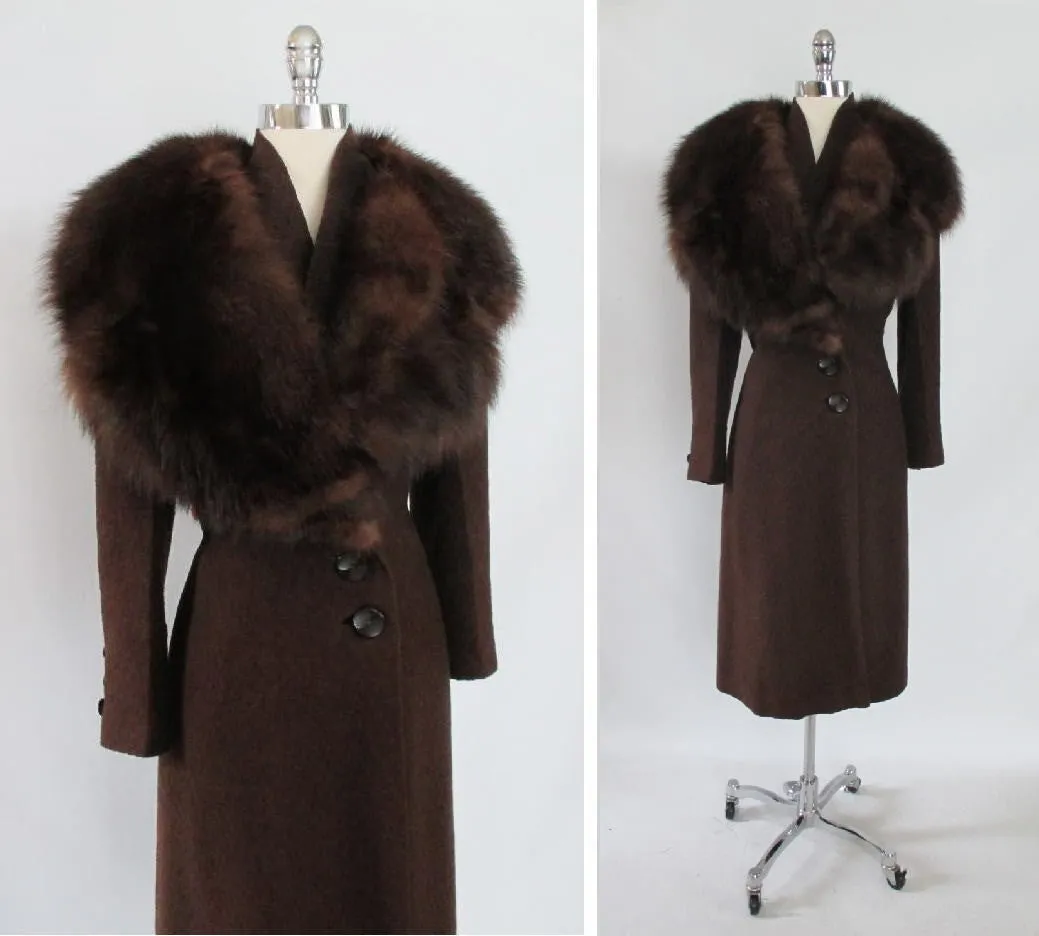 z Vintage 30's Deco Huge Fox Fur Trimmed Textured Wool Coat Jacket L